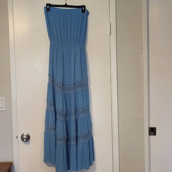 Y2K Moda International Strapless Lace Blue Gauze Dress with Lining Size S BOHO - Picture 2 of 5